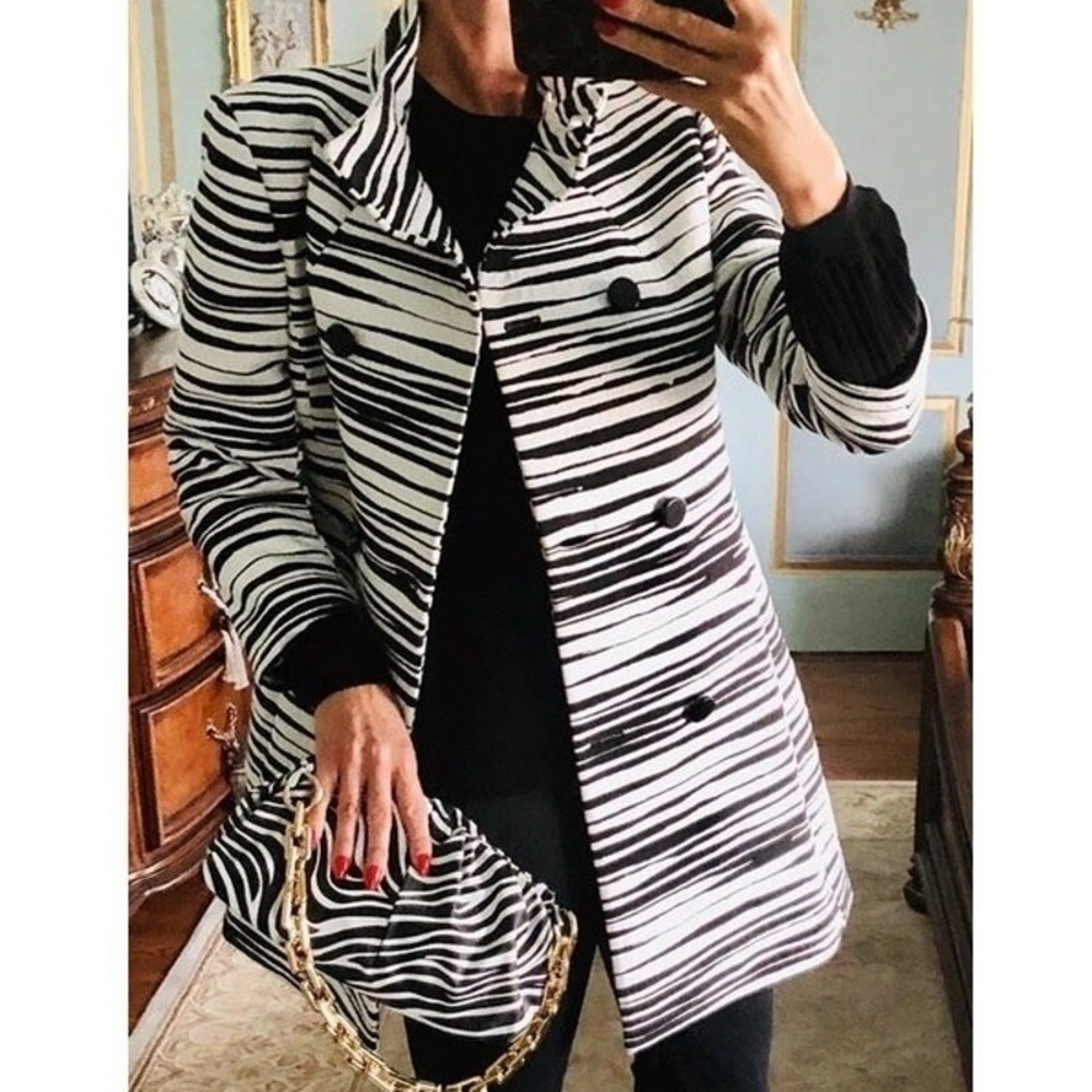 NEW Ann Taylor XLP $250 Black White Zebra Animal Print Double Breasted Peacoat - Picture 3 of 10
